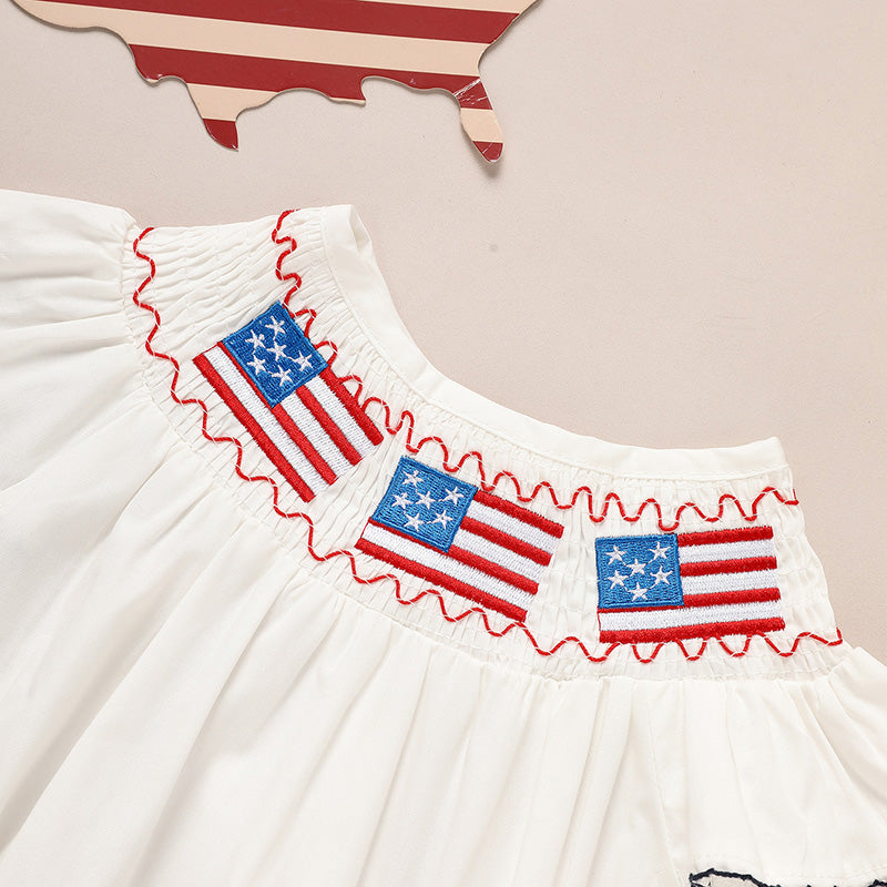 Baby Girl 4th Of July Bubble Romper, Smocked Fly Sleeve Bodysuit With