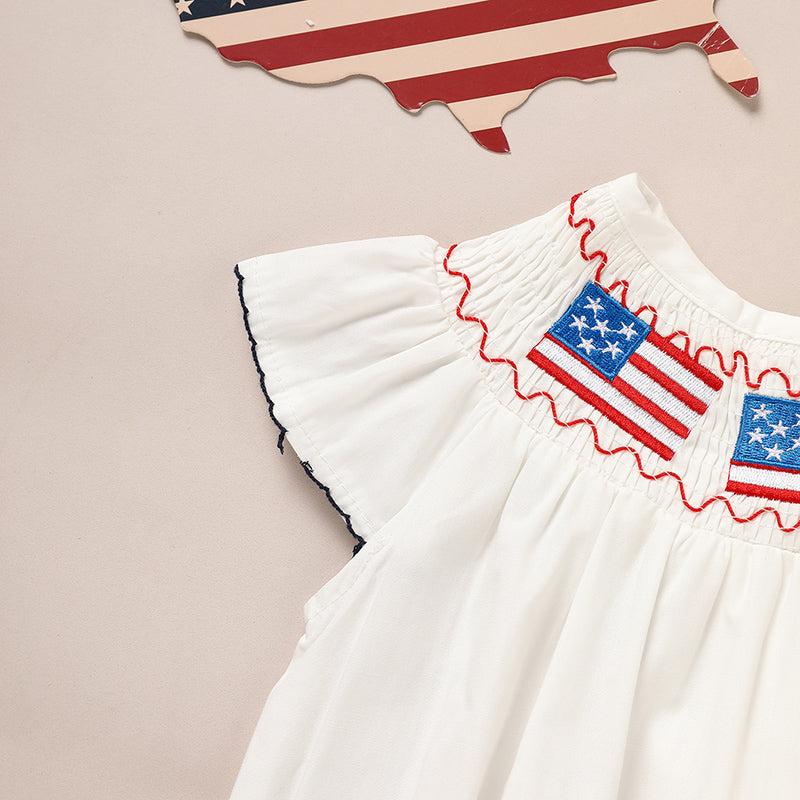Baby Girl 4th Of July Bubble Romper, Smocked Fly Sleeve Bodysuit With