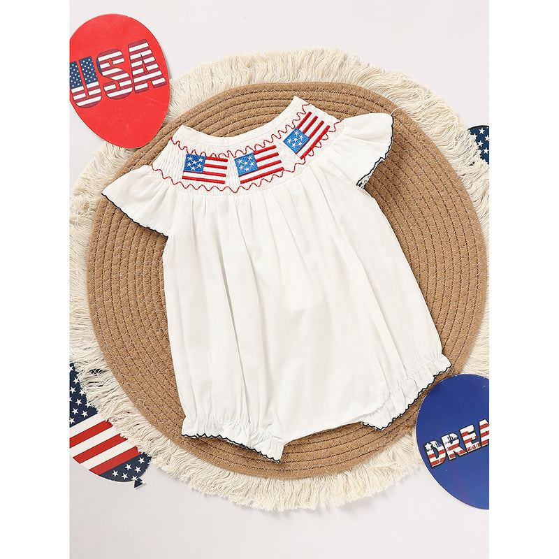Baby Girl 4th Of July Bubble Romper, Smocked Fly Sleeve Bodysuit With