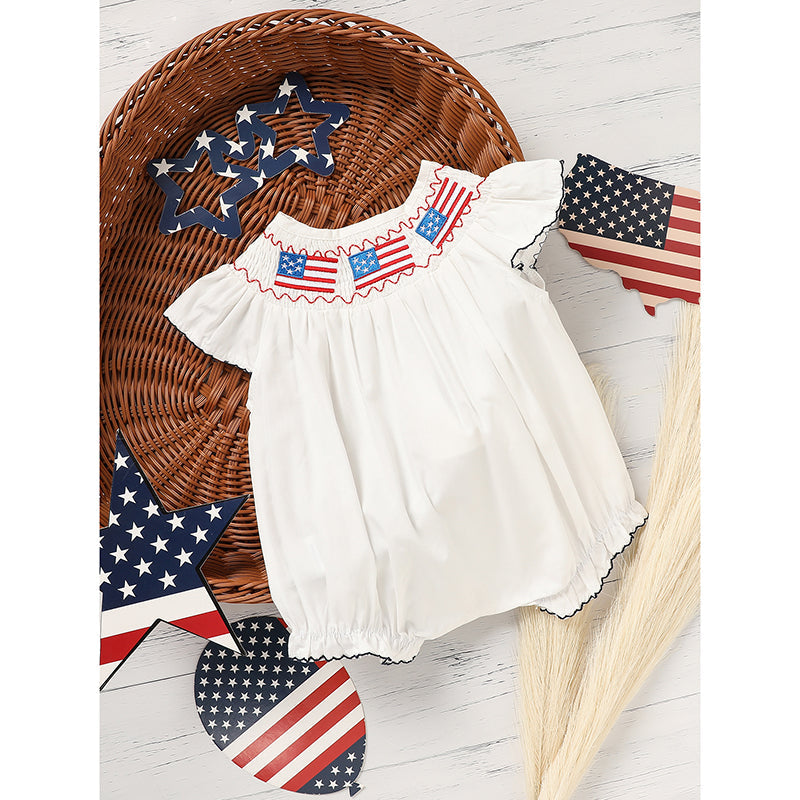 Baby Girl 4th Of July Bubble Romper, Smocked Fly Sleeve Bodysuit With