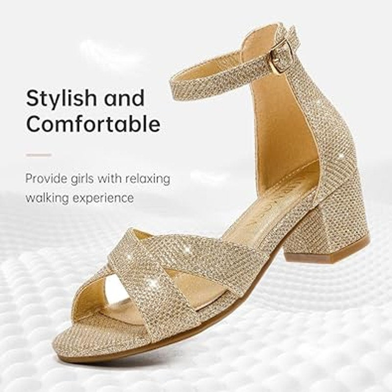 Laurmosa Girls 4 Gold Glitter Open Toe 1.75" Block Heel Ankle Strap Sandal Shoes