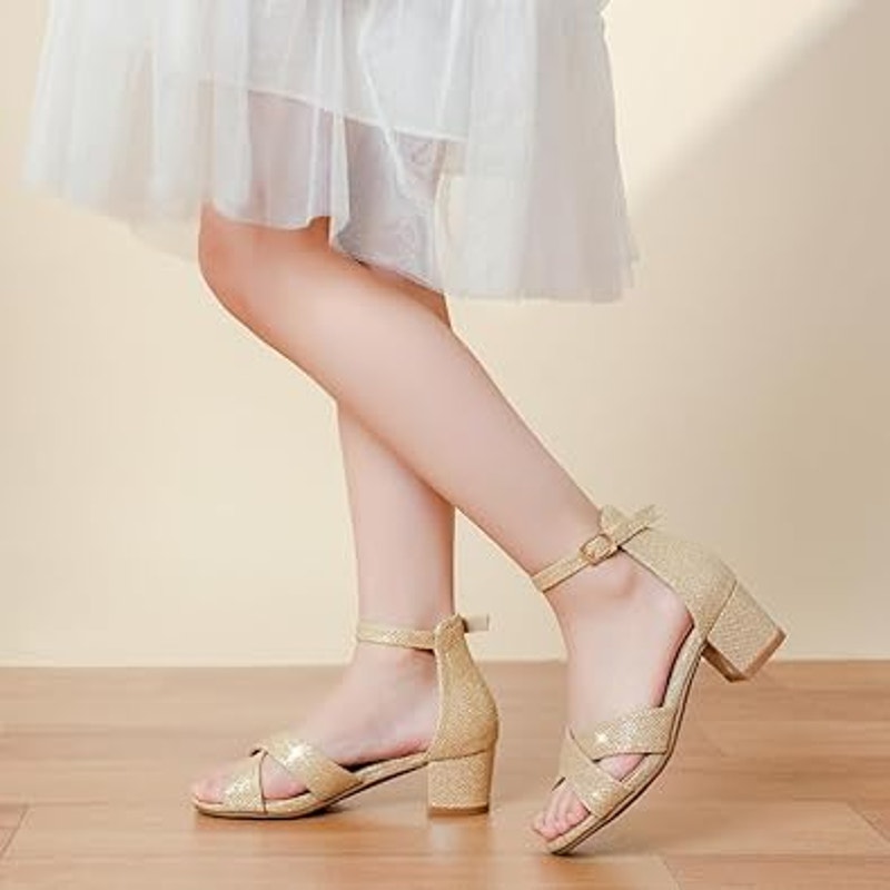 Laurmosa Girls 4 Gold Glitter Open Toe 1.75" Block Heel Ankle Strap Sandal Shoes