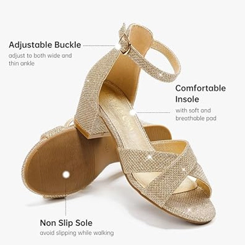 Laurmosa Girls 4 Gold Glitter Open Toe 1.75" Block Heel Ankle Strap Sandal Shoes