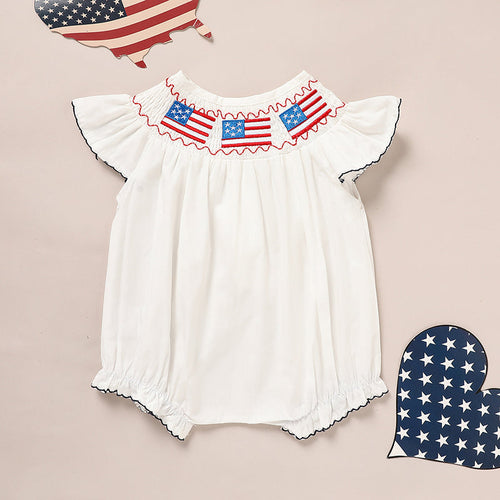 Baby Girl 4th Of July Bubble Romper, Smocked Fly Sleeve Bodysuit With