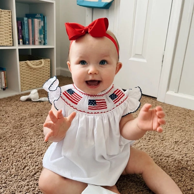Baby Girl 4th Of July Bubble Romper, Smocked Fly Sleeve Bodysuit With
