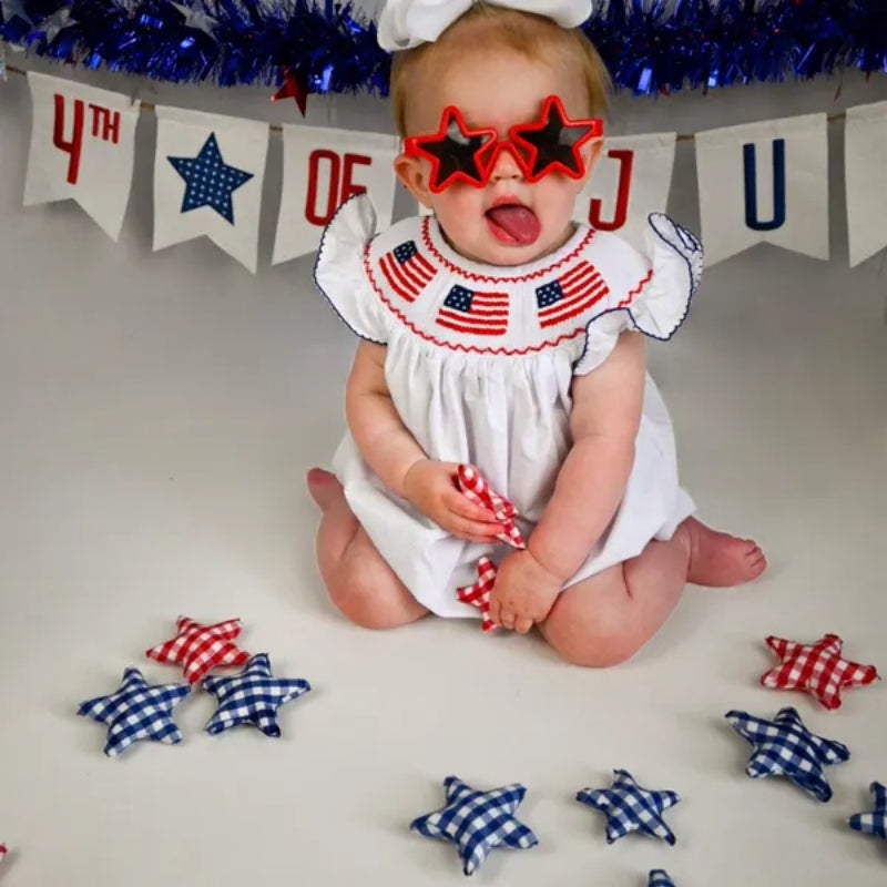 Baby Girl 4th Of July Bubble Romper, Smocked Fly Sleeve Bodysuit With