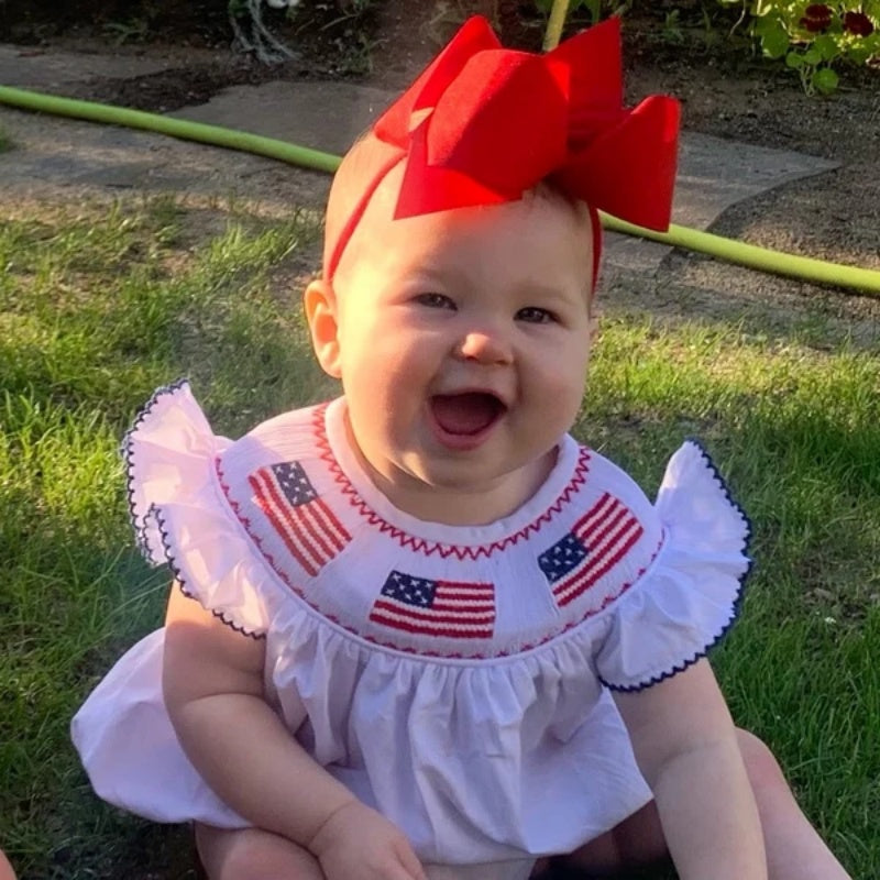 Baby Girl 4th Of July Bubble Romper, Smocked Fly Sleeve Bodysuit With