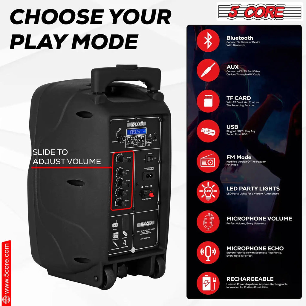 5Core 8 inch PA Portable Bluetooth Party Speaker Karaoke Boombox + 2