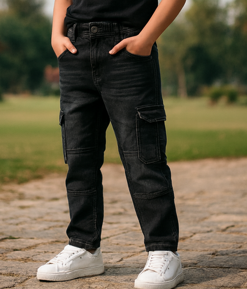Boys' Black Denim Multi-Pocket Cargo Jeans